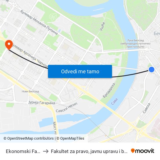 Ekonomski Fakultet to Fakultet za pravo, javnu upravu i bezbednost map