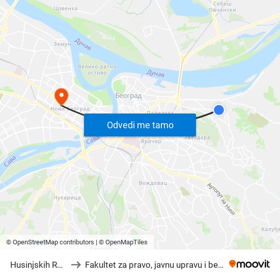 Husinjskih Rudara to Fakultet za pravo, javnu upravu i bezbednost map