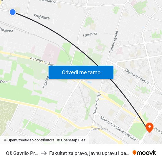 Oš Gavrilo Princip to Fakultet za pravo, javnu upravu i bezbednost map