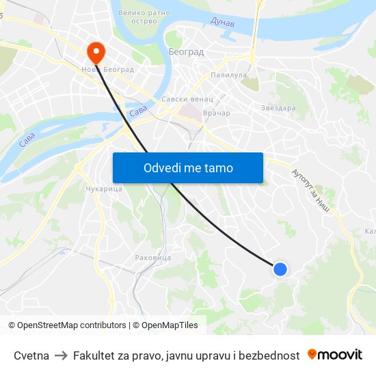 Cvetna to Fakultet za pravo, javnu upravu i bezbednost map