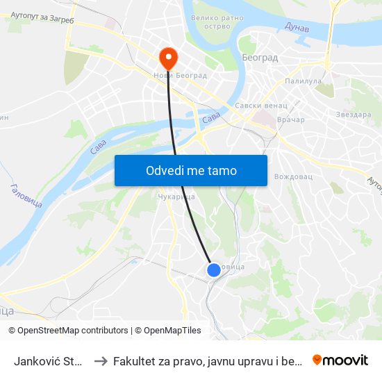 Janković Stojana to Fakultet za pravo, javnu upravu i bezbednost map