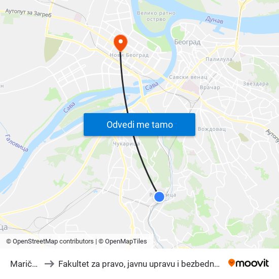 Marička to Fakultet za pravo, javnu upravu i bezbednost map