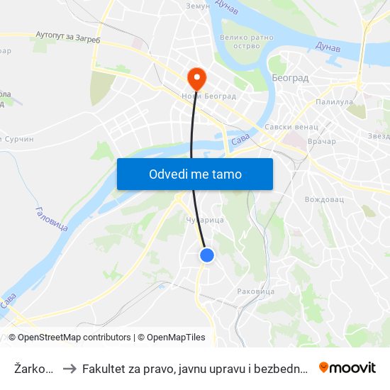 Žarkovo to Fakultet za pravo, javnu upravu i bezbednost map