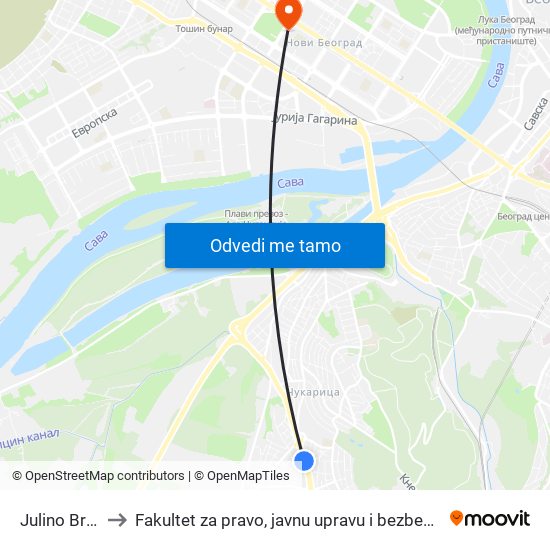 Julino Brdo to Fakultet za pravo, javnu upravu i bezbednost map