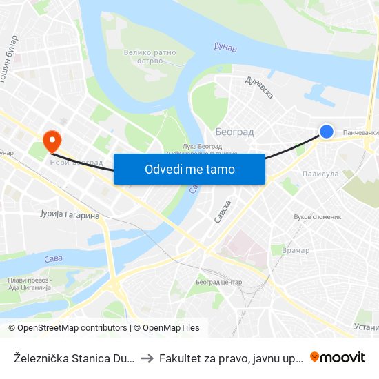 Železnička Stanica Dunav - Okretnica to Fakultet za pravo, javnu upravu i bezbednost map