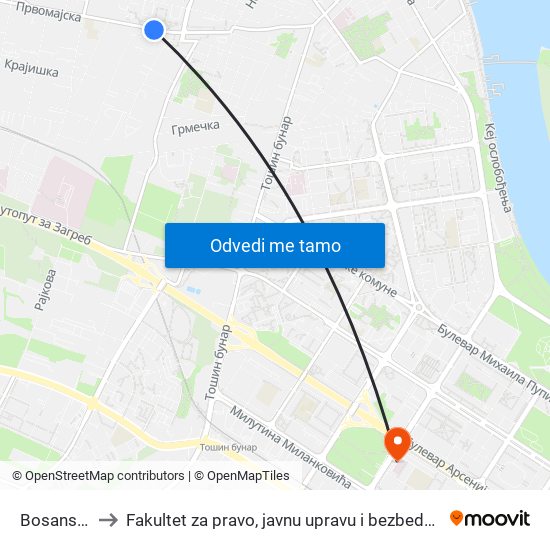 Bosanska to Fakultet za pravo, javnu upravu i bezbednost map