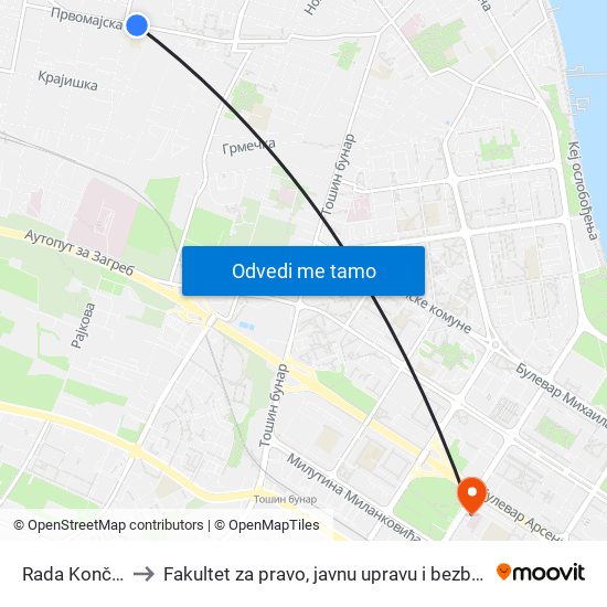 Rada Končara to Fakultet za pravo, javnu upravu i bezbednost map