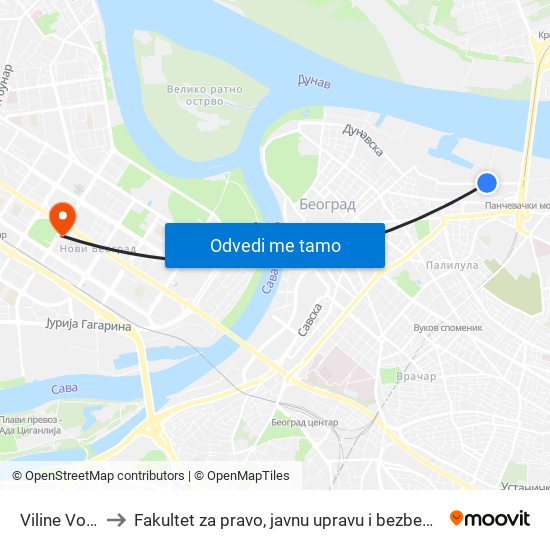 Viline Vode to Fakultet za pravo, javnu upravu i bezbednost map