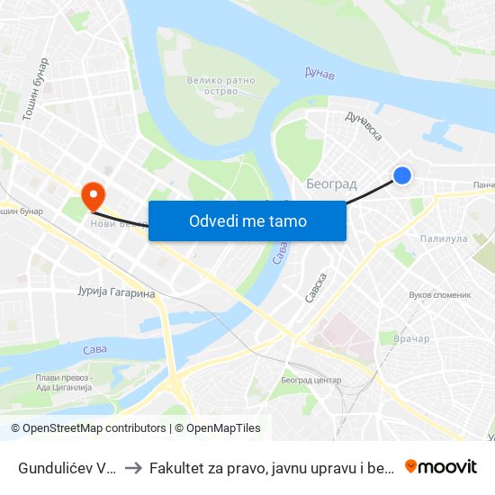 Gundulićev Venac to Fakultet za pravo, javnu upravu i bezbednost map