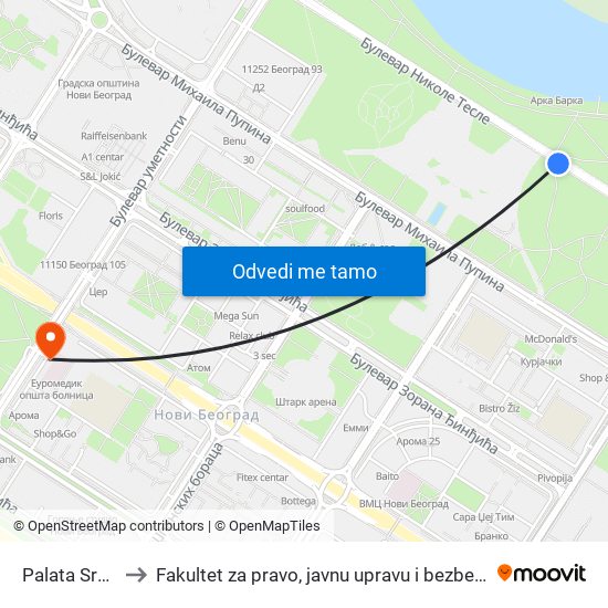 Palata Srbija to Fakultet za pravo, javnu upravu i bezbednost map