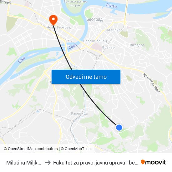 Milutina Miljkovića to Fakultet za pravo, javnu upravu i bezbednost map