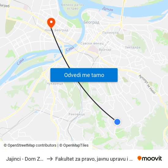 Jajinci - Dom Zdravlja to Fakultet za pravo, javnu upravu i bezbednost map