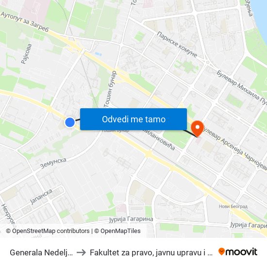 Generala Nedeljkovića to Fakultet za pravo, javnu upravu i bezbednost map