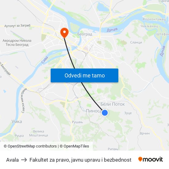 Avala to Fakultet za pravo, javnu upravu i bezbednost map