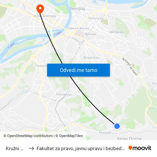 Kružni Put to Fakultet za pravo, javnu upravu i bezbednost map