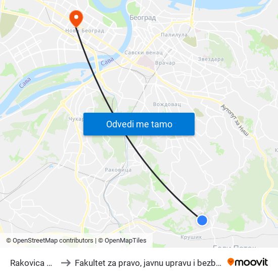 Rakovica Selo to Fakultet za pravo, javnu upravu i bezbednost map