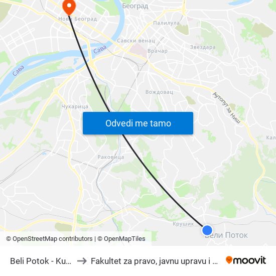 Beli Potok - Kumbara to Fakultet za pravo, javnu upravu i bezbednost map