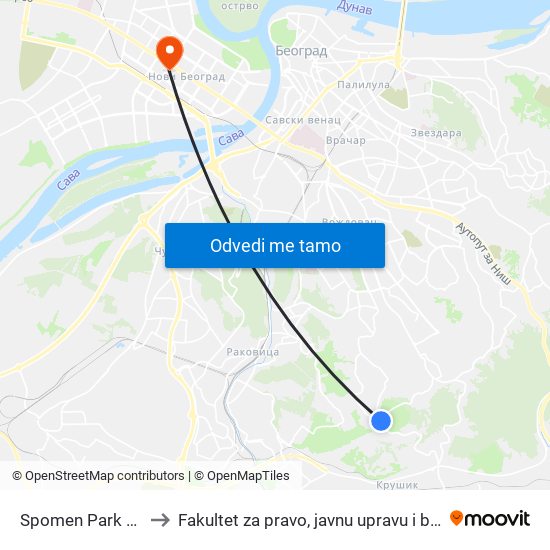 Spomen Park Jajinci to Fakultet za pravo, javnu upravu i bezbednost map