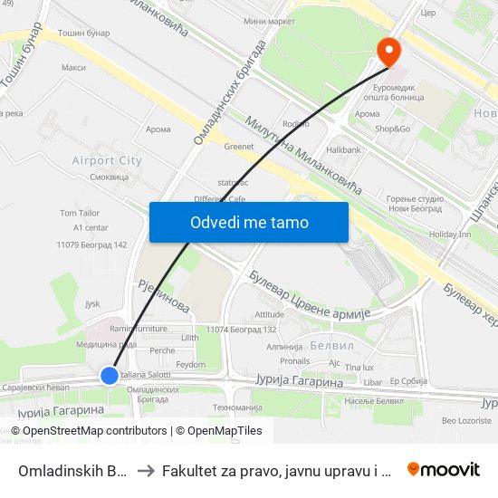 Omladinskih Brigada to Fakultet za pravo, javnu upravu i bezbednost map