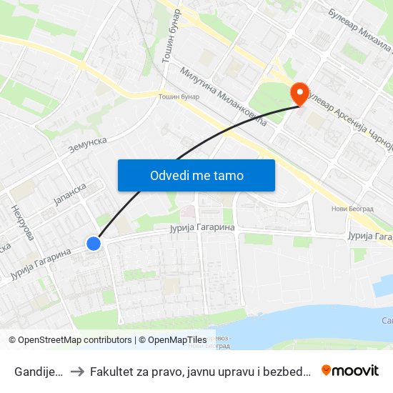 Gandijeva to Fakultet za pravo, javnu upravu i bezbednost map