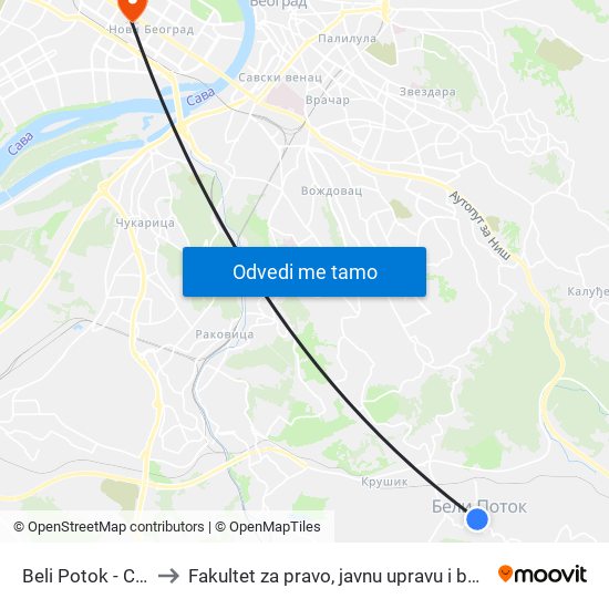 Beli Potok - Centar to Fakultet za pravo, javnu upravu i bezbednost map