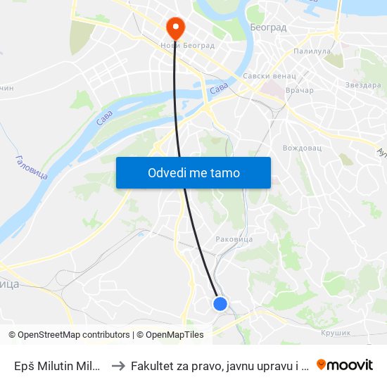 Epš Milutin Milanković to Fakultet za pravo, javnu upravu i bezbednost map