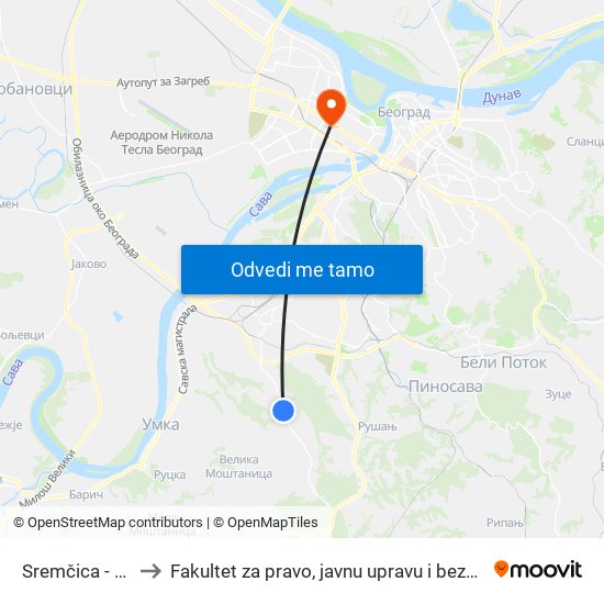 Sremčica - Ulaz to Fakultet za pravo, javnu upravu i bezbednost map