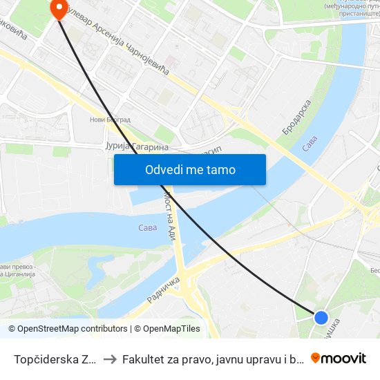 Topčiderska Zvezda to Fakultet za pravo, javnu upravu i bezbednost map