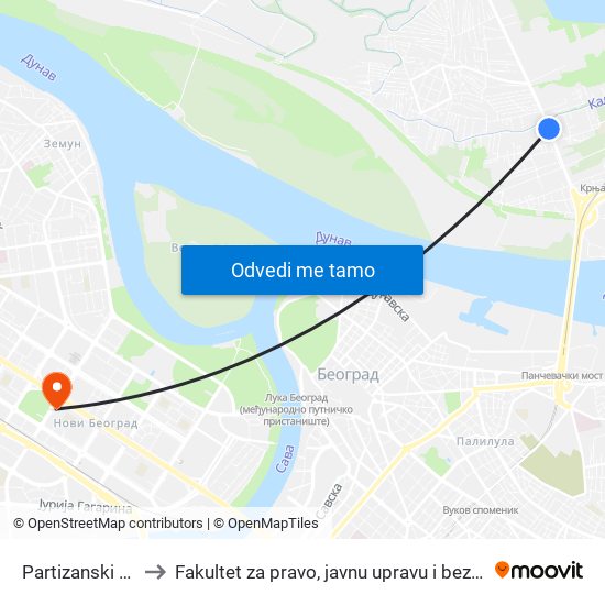 Partizanski Blok to Fakultet za pravo, javnu upravu i bezbednost map