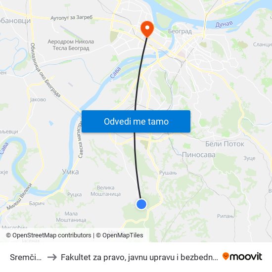 Sremčica to Fakultet za pravo, javnu upravu i bezbednost map