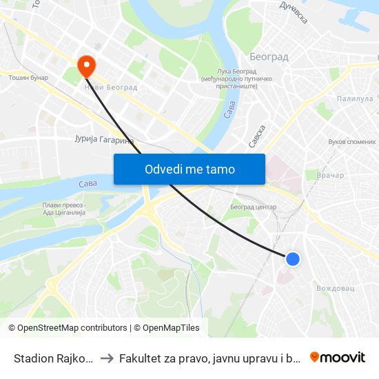 Stadion Rajko Mitić to Fakultet za pravo, javnu upravu i bezbednost map