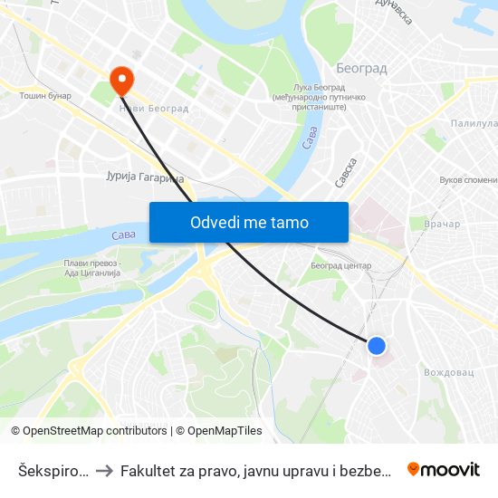 Šekspirova to Fakultet za pravo, javnu upravu i bezbednost map