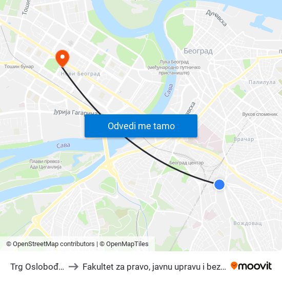 Trg Oslobođenja to Fakultet za pravo, javnu upravu i bezbednost map