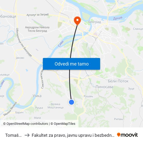 Tomaška to Fakultet za pravo, javnu upravu i bezbednost map