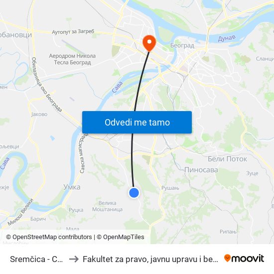 Sremčica - Centar to Fakultet za pravo, javnu upravu i bezbednost map