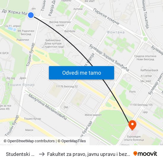 Studentski Grad to Fakultet za pravo, javnu upravu i bezbednost map