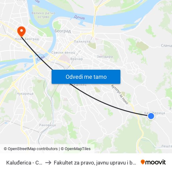 Kaluđerica - Centar to Fakultet za pravo, javnu upravu i bezbednost map