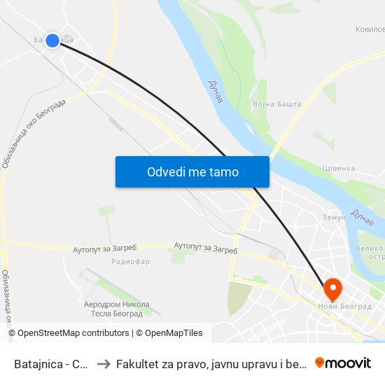 Batajnica - Centar to Fakultet za pravo, javnu upravu i bezbednost map