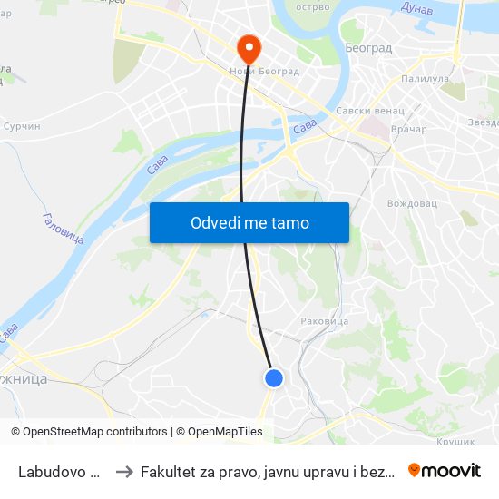 Labudovo Brdo to Fakultet za pravo, javnu upravu i bezbednost map