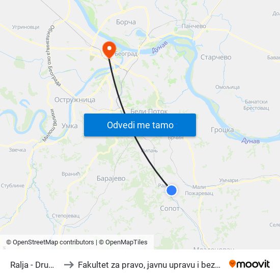 Ralja - Drumine to Fakultet za pravo, javnu upravu i bezbednost map