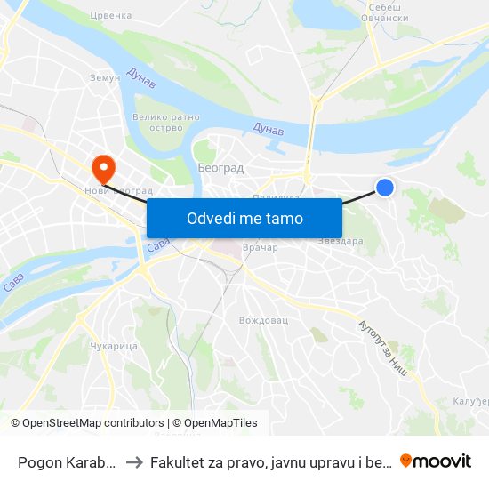 Pogon Karaburma to Fakultet za pravo, javnu upravu i bezbednost map