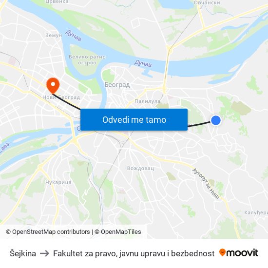 Šejkina to Fakultet za pravo, javnu upravu i bezbednost map