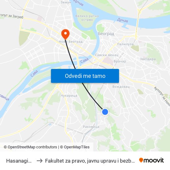 Hasanaginica to Fakultet za pravo, javnu upravu i bezbednost map