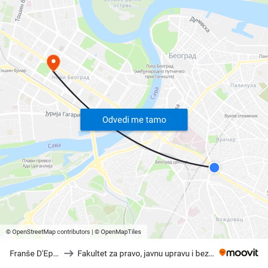 Franše D'Eperea to Fakultet za pravo, javnu upravu i bezbednost map