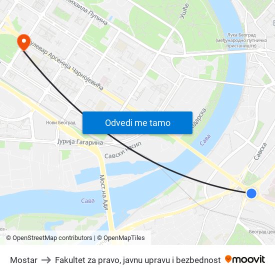 Mostar to Fakultet za pravo, javnu upravu i bezbednost map