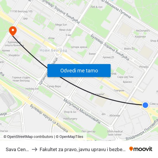 Sava Centar to Fakultet za pravo, javnu upravu i bezbednost map