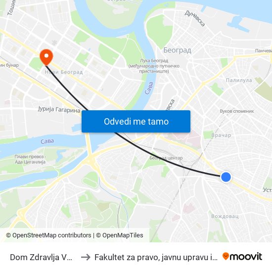 Dom Zdravlja Voždovac to Fakultet za pravo, javnu upravu i bezbednost map