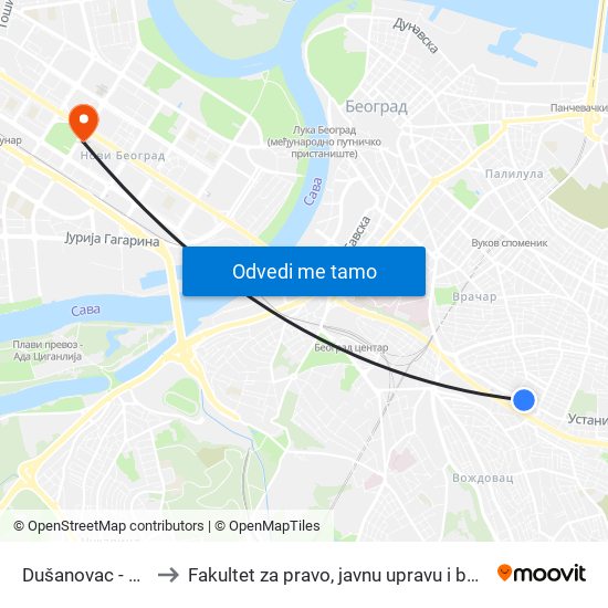 Dušanovac - Pošta to Fakultet za pravo, javnu upravu i bezbednost map