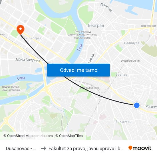 Dušanovac - Pošta to Fakultet za pravo, javnu upravu i bezbednost map