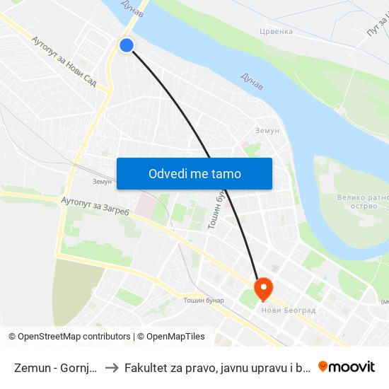 Zemun - Gornji Grad to Fakultet za pravo, javnu upravu i bezbednost map